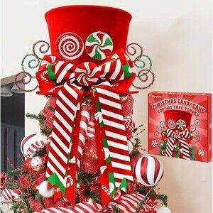 Christmas Candy Canes Tree Topper - Red Hat with Peppermint Bows -NIB